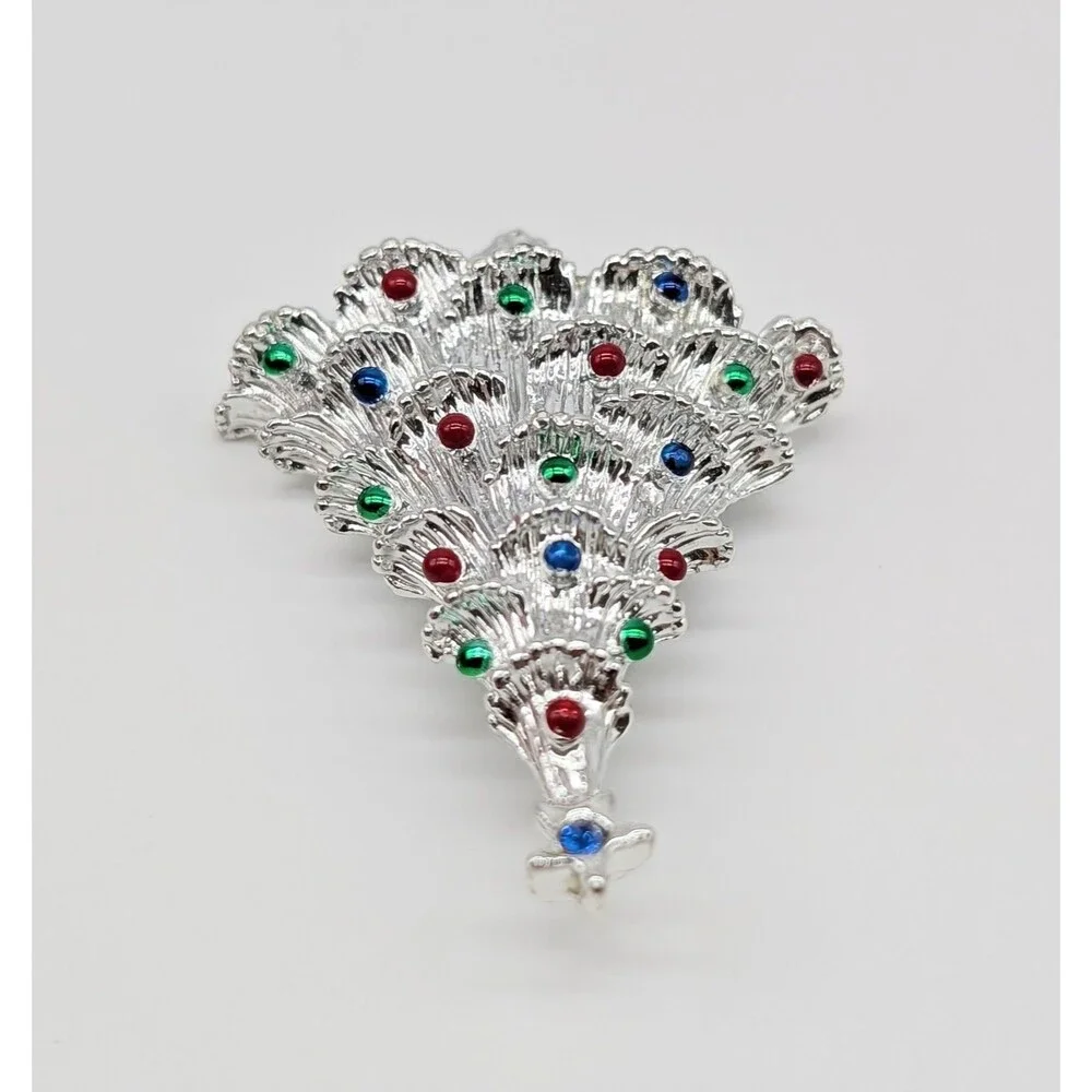 Gerry's Christmas Tree Brooch Pin Rhinestone Silver Tone Enamel Holiday